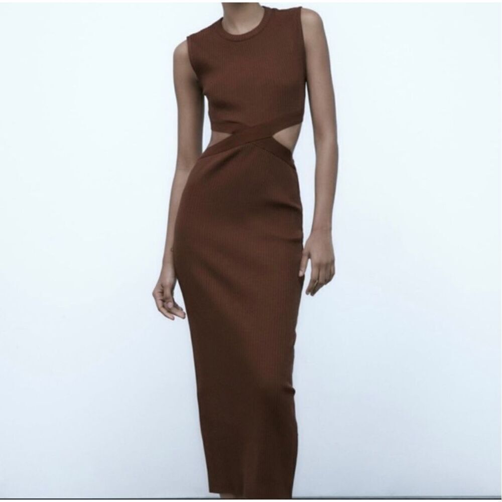 NWT Zara Brown Sleeveless Cut Out Midi Dress Size Medium